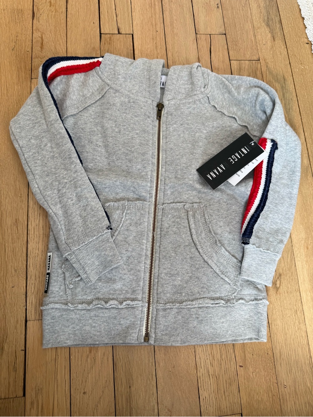 Vintage Havana Kids Light Gray Zip Hoodie with Red & Navy Stripes